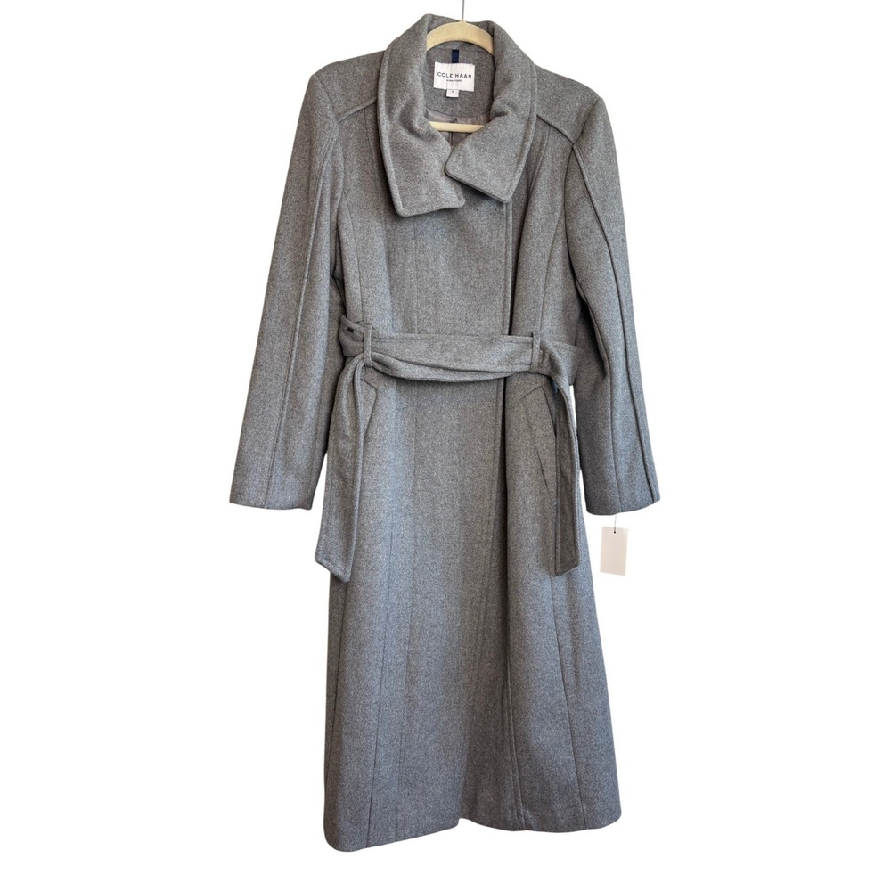NEW Cole Haan Wrap Coat Grey Womens 10 Wool Blend Belted Polished Classic